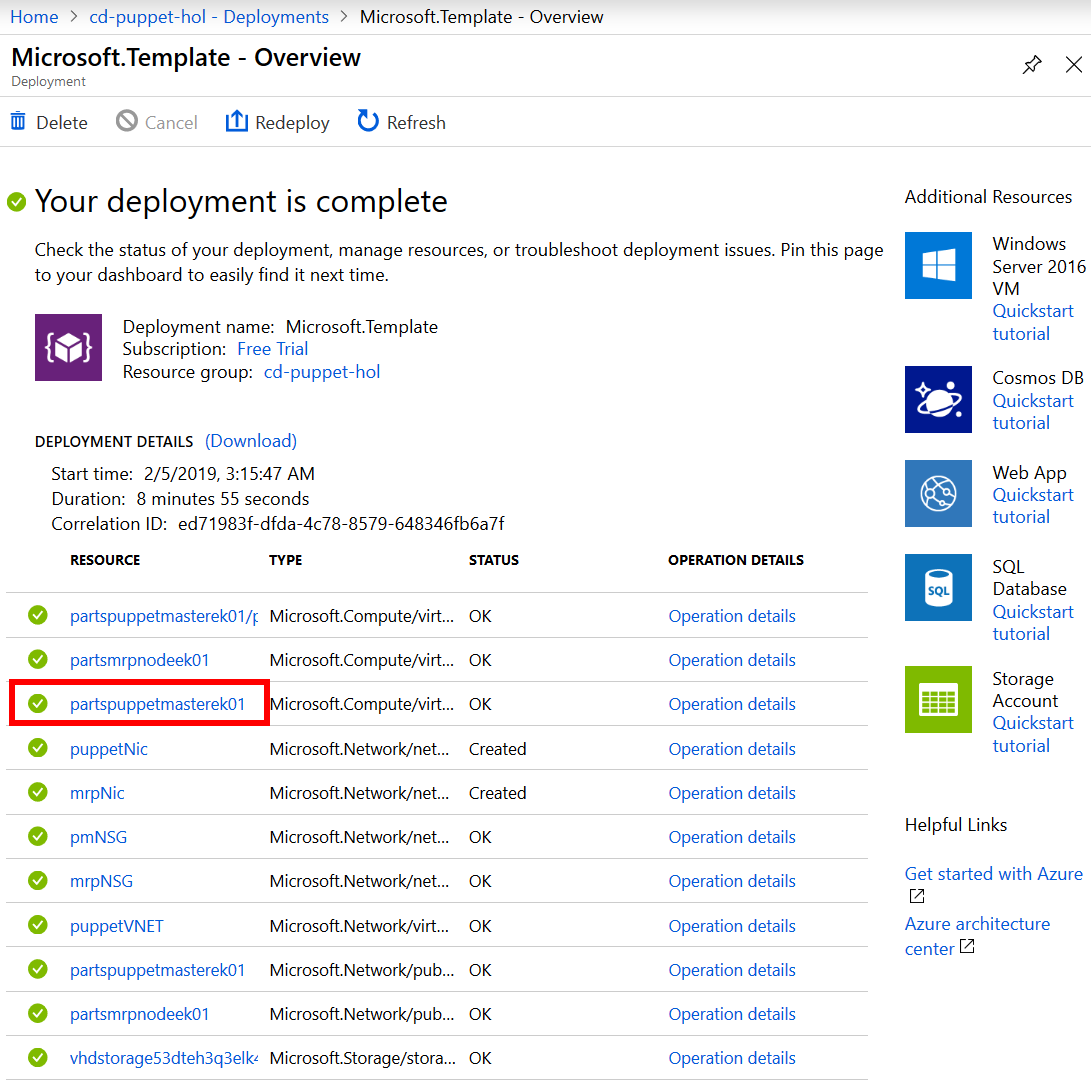 Screenshot of the Microsoft.Template Overview pane in Azure Portal. A list of the deployed resources and the Your deployment is complete message are shown to illustrate how to check the status of deployed resources from the Deployments pane. The Puppet Master VM partspuppetmasterek01 is highlighted among the list of resources to illustrate how to access the Puppet Master VM from the deployed resources list.